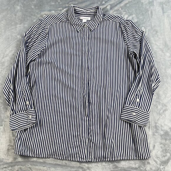 Liz Claiborne Top L Navy Stripe Nautical Resortwear Button Front Tunic - Picture 1 of 13